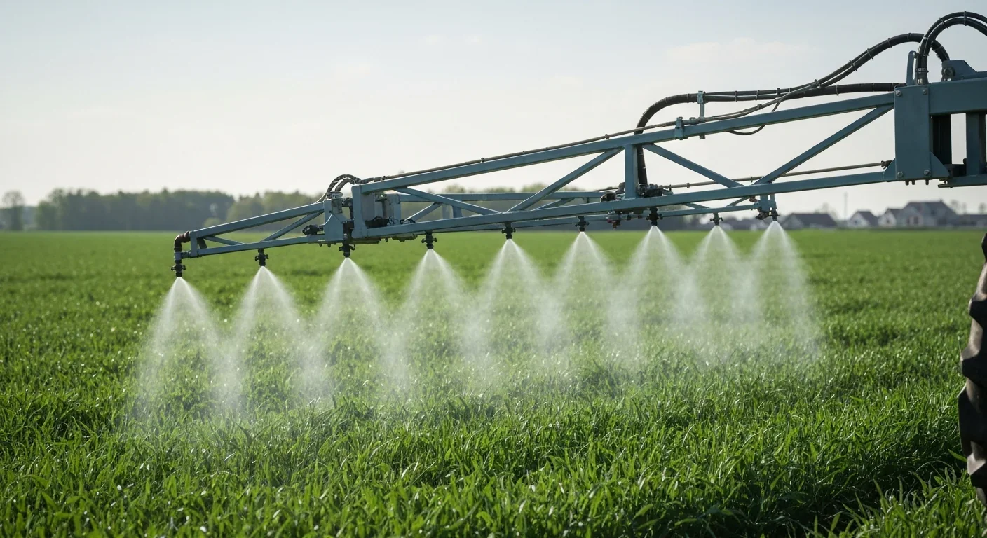 Agricultural spraying equipment applying pesticides to crop field