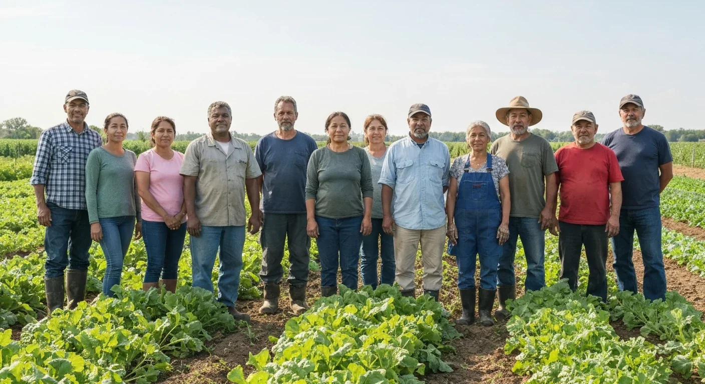 Group of farmworkers standing together in organic farm setting
