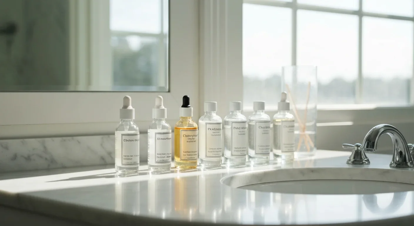 Glass skincare bottles arranged on a marble bathroom counter in natural light
