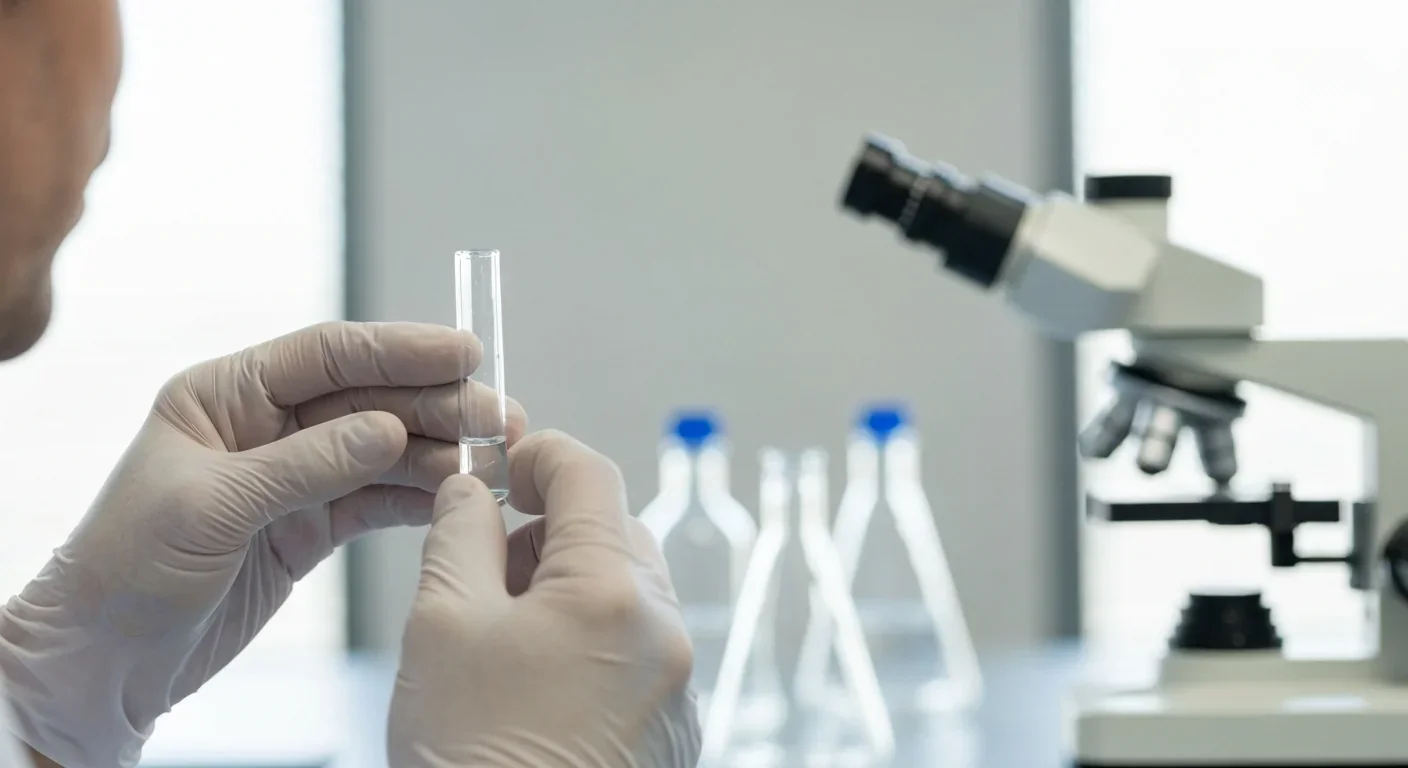 Scientist's gloved hands holding a glass vial in a research laboratory