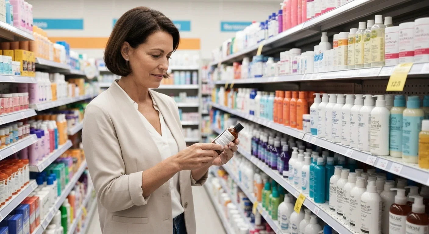 Woman reading an ingredient label on a cosmetic product in a drugstore aisle