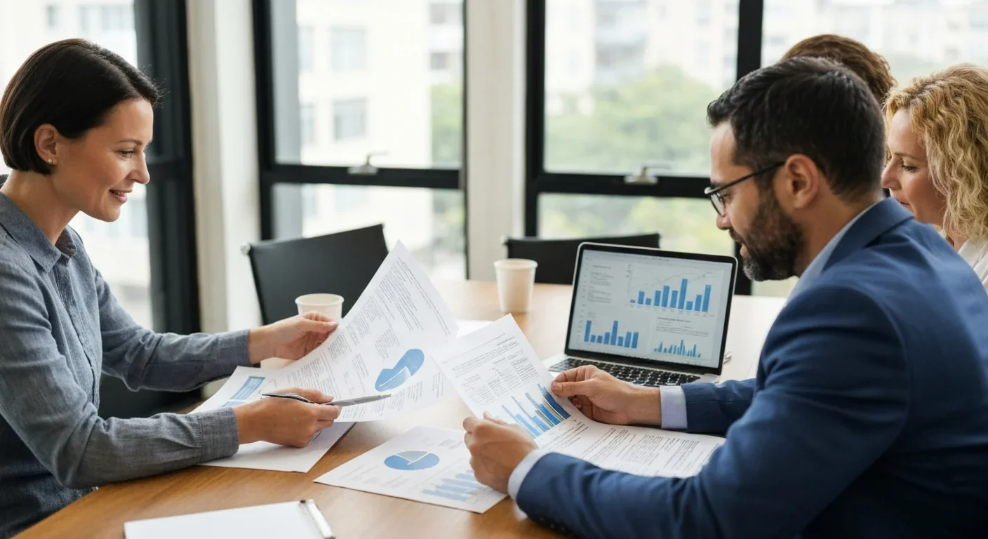 Two professionals reviewing scientific research documents and data charts at a conference table