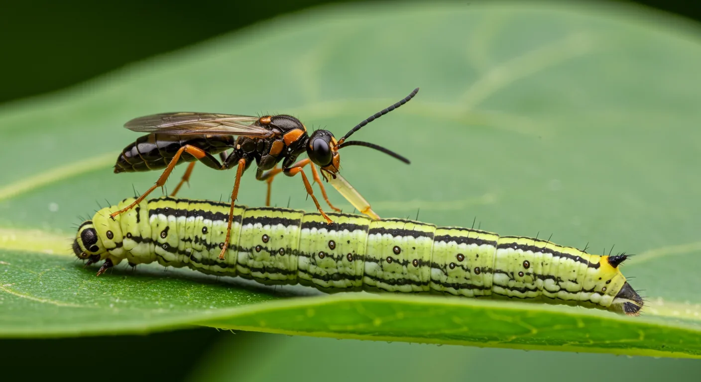 Parasitoid wasp laying eggs inside tobacco hornworm caterpillar