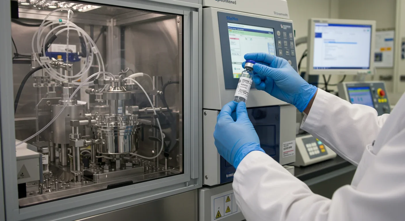 Scientist holding peptide drug vial beside automated solid-phase peptide synthesis equipment in manufacturing facility