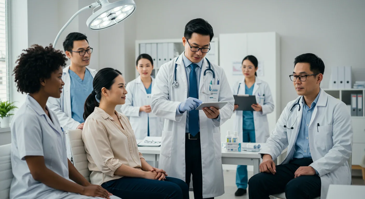 Doctor and patient discussing oral peptide medication in modern healthcare clinic with digital health records