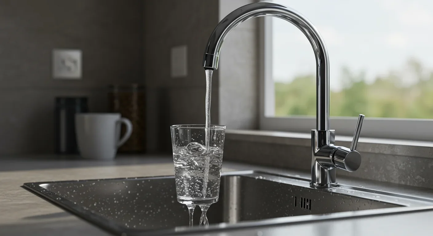 Clean drinking water flowing from kitchen faucet representing primary PFAS exposure pathway