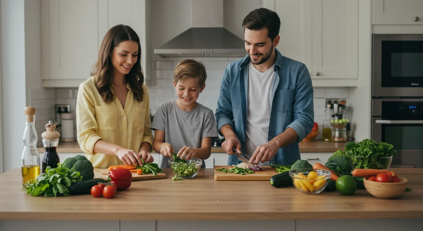 Family preparing healthy fresh foods to reduce PFAS exposure from contaminated packaging