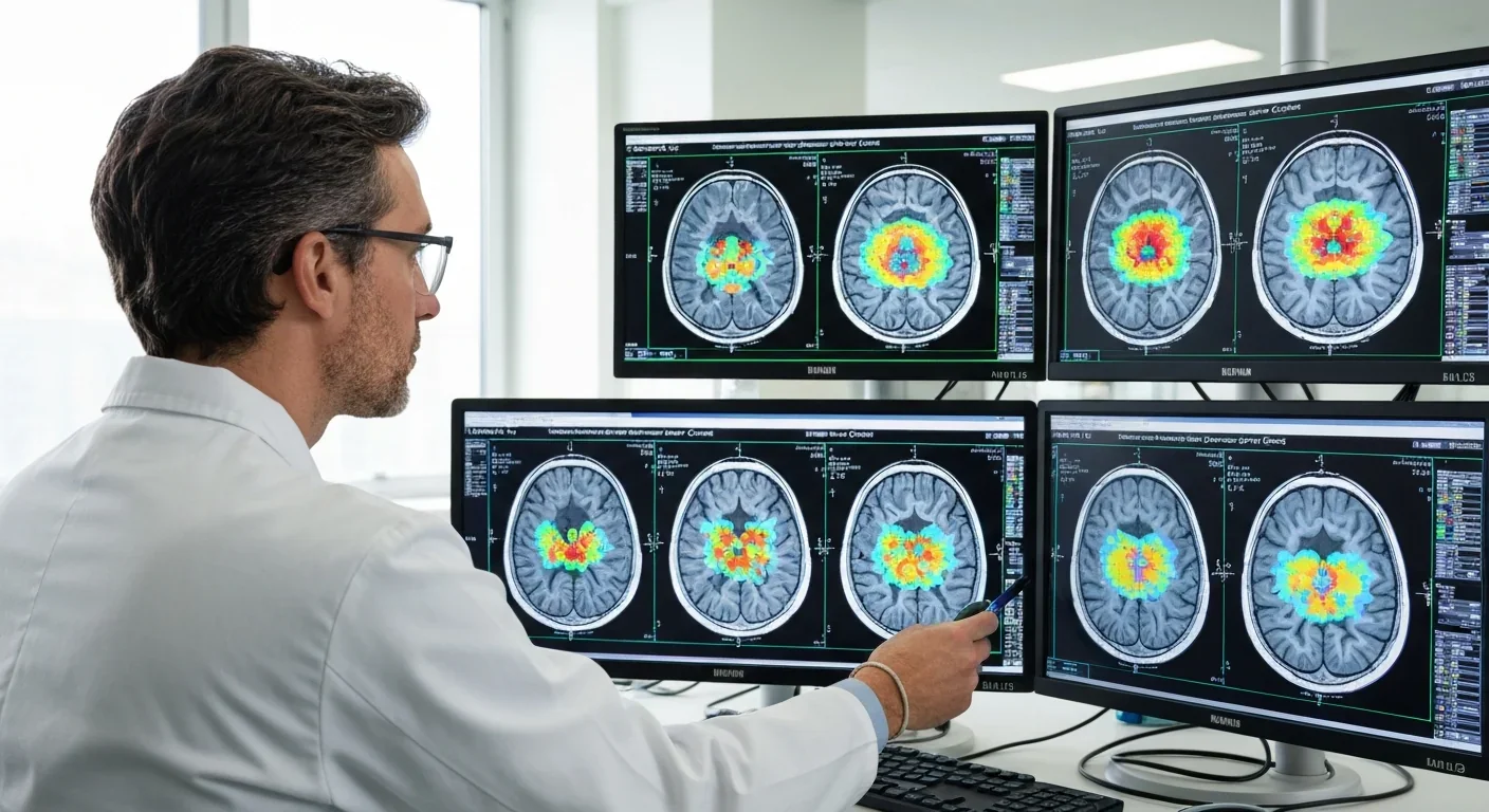 Neuroscientist analyzing brain scan images showing somatosensory cortex activation patterns