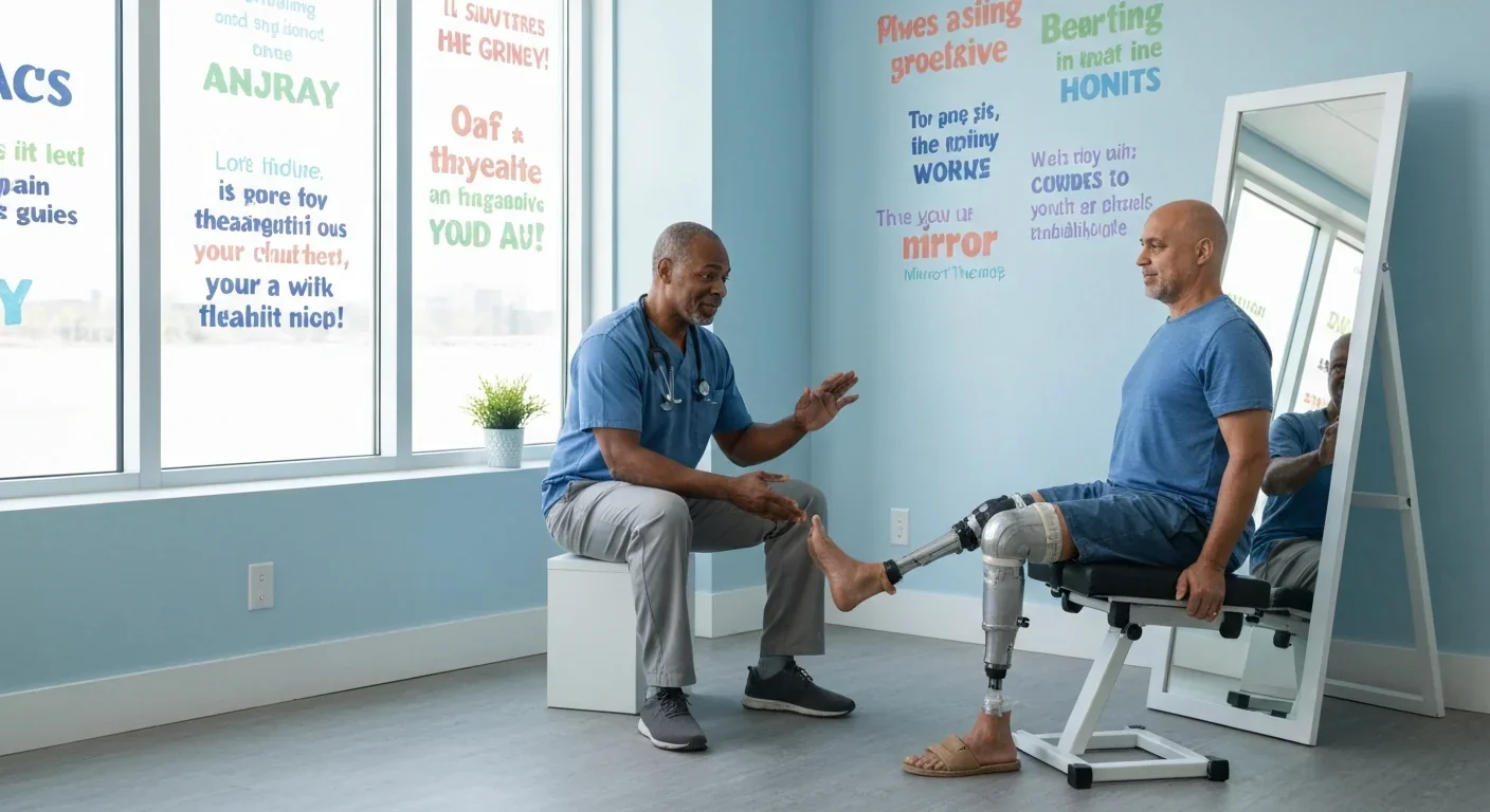 Physical therapist conducting mirror therapy session with amputee patient for phantom pain relief