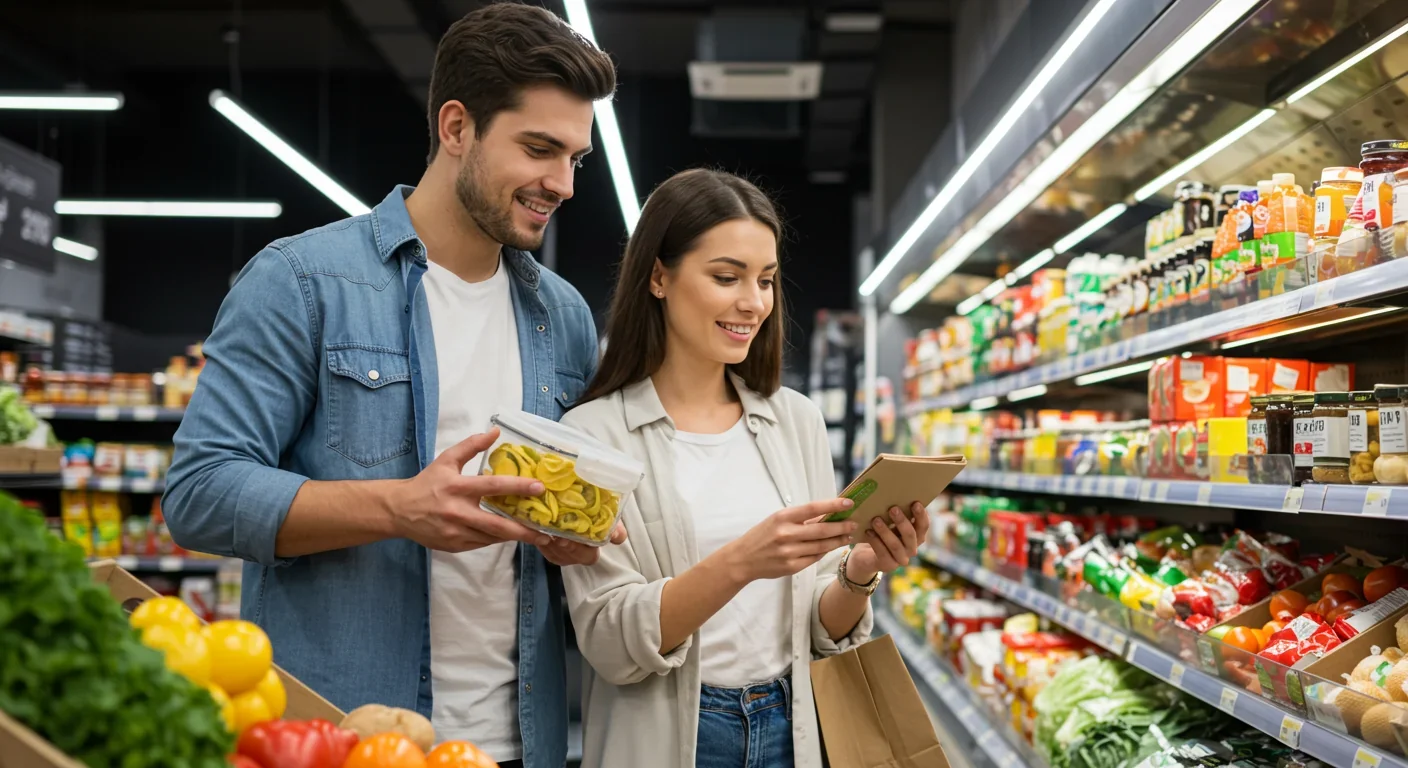 Couple choosing fresh foods and glass containers at grocery store to reduce phthalate exposure