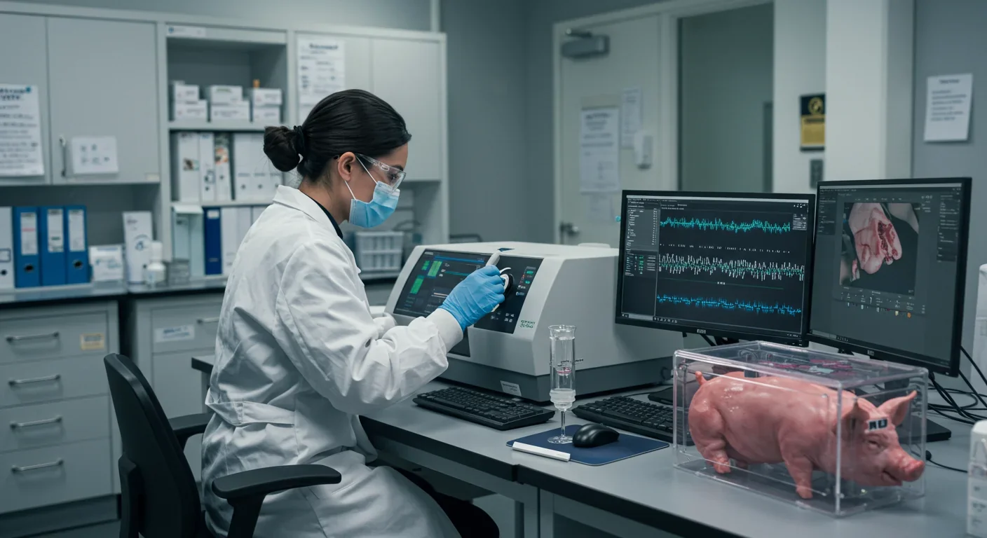 Laboratory technician using CRISPR technology to edit pig genes for xenotransplantation compatibility