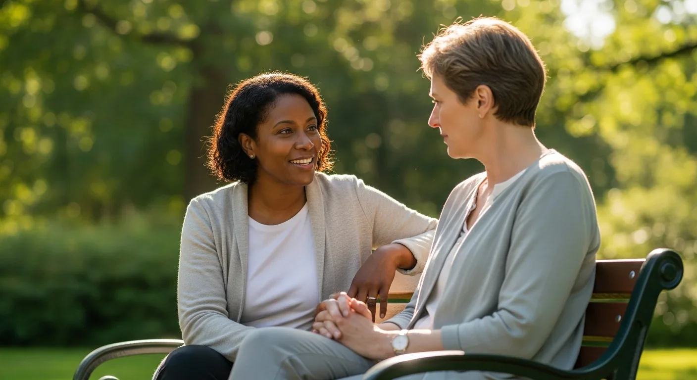 Two people in supportive conversation demonstrating safe social connection