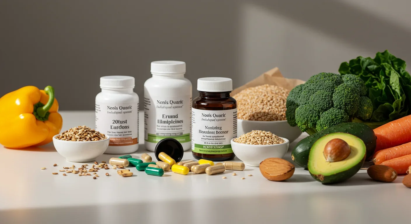 Postbiotic supplement bottles and capsules displayed alongside fresh produce representing integrated gut health approach