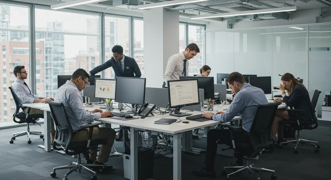 Office workers demonstrating poor posture and forward head position while working at computers in a modern workplace
