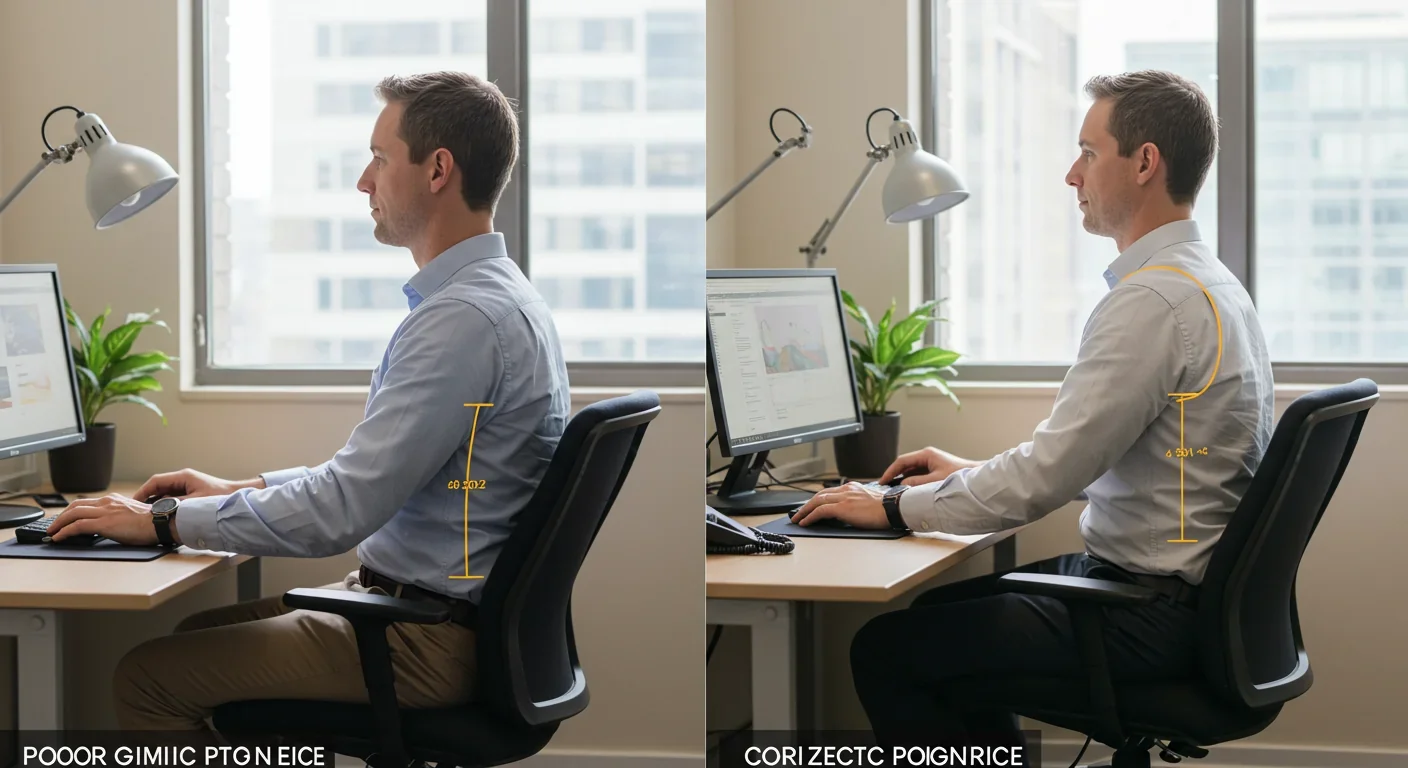Side-by-side comparison demonstrating poor slouching posture versus correct ergonomic sitting alignment at a desk workstation