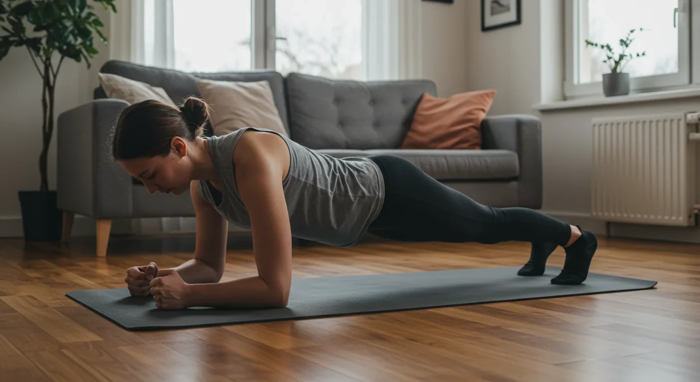 Person demonstrating proper plank form for core strengthening and posture correction on a yoga mat at home