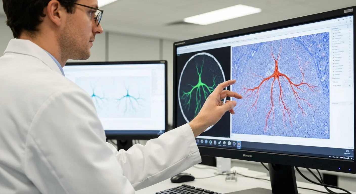 A researcher examining detailed nerve fascicle maps on a large laboratory monitor