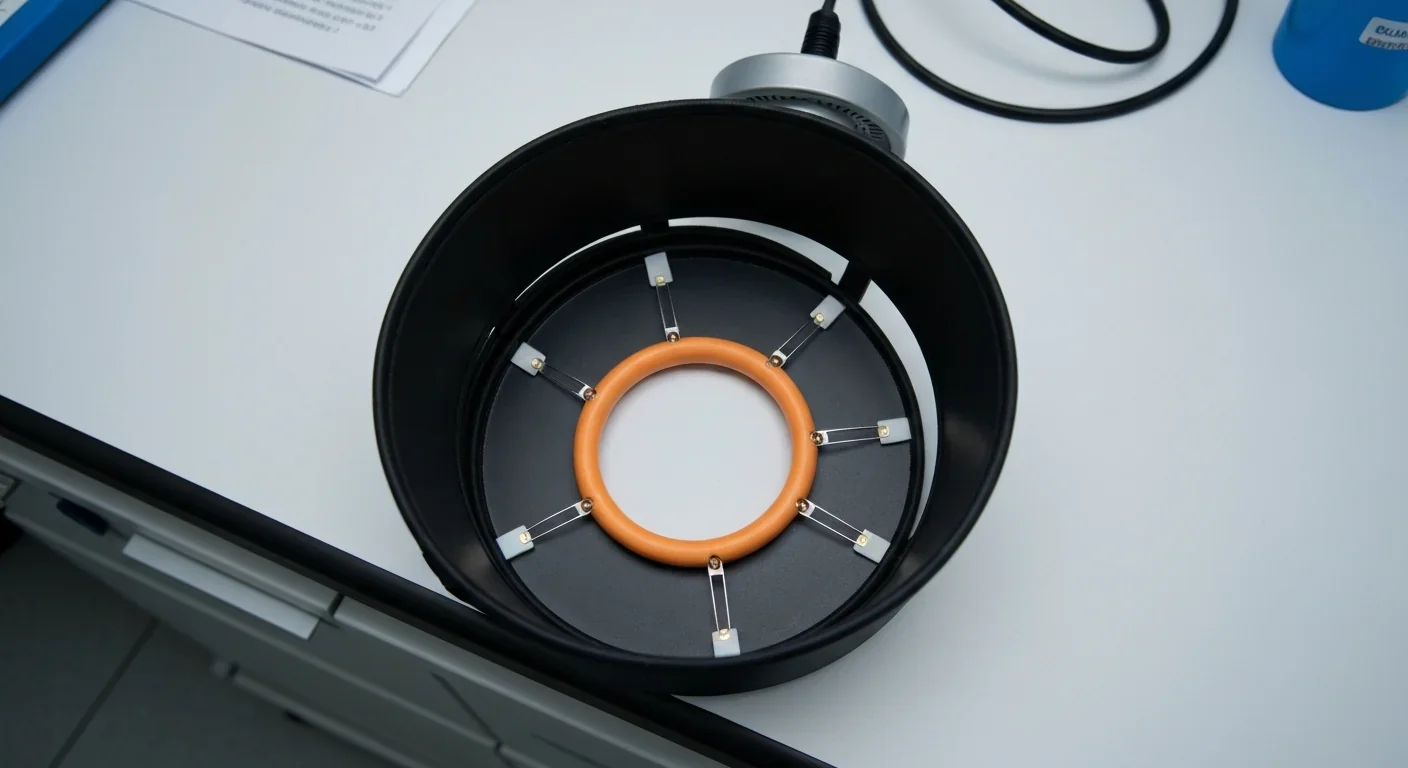 A multi-contact cuff electrode with six metallic contacts arranged around a model nerve