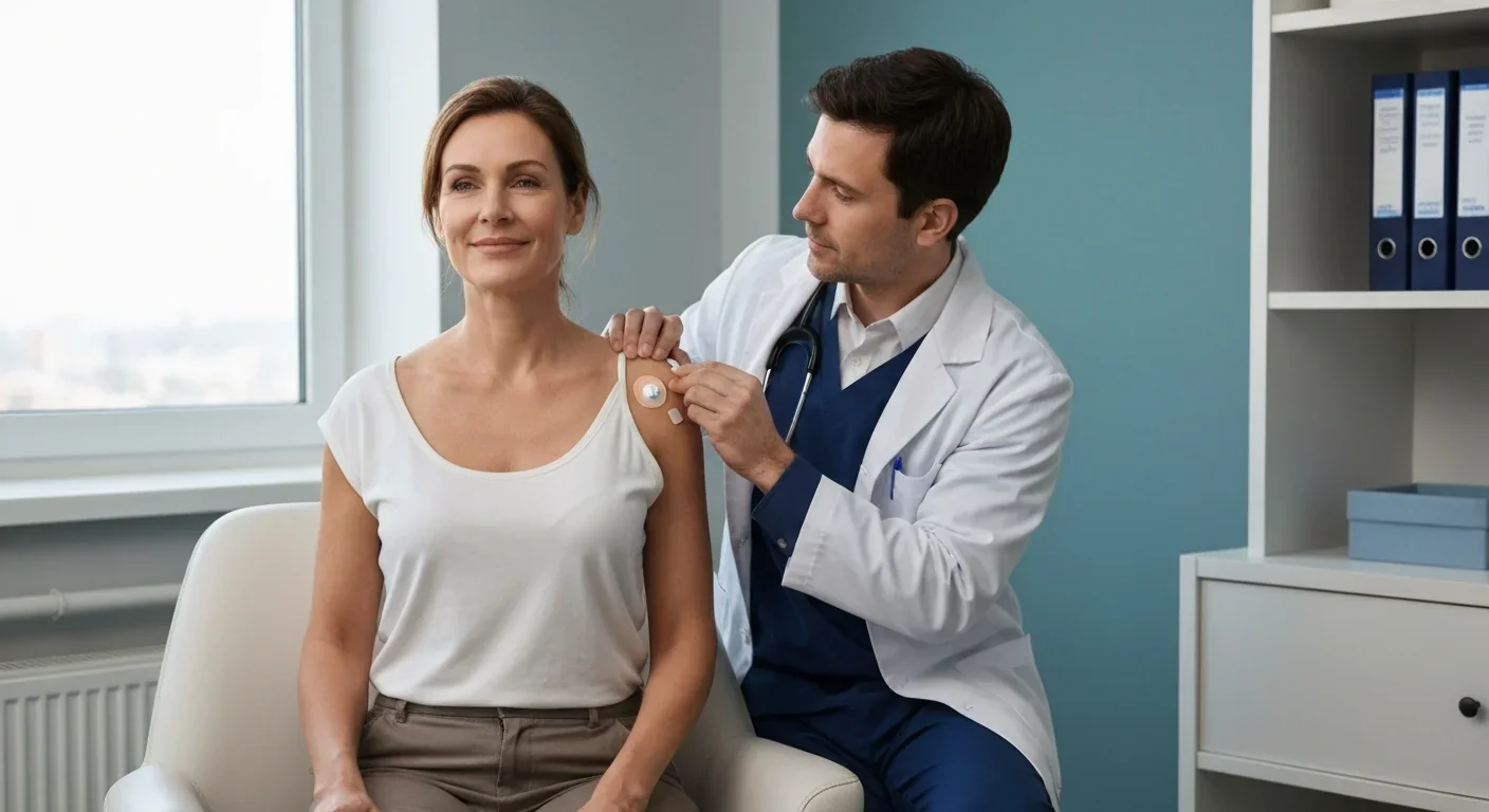 A physician checking a small wireless VNS implant on a patient in a modern clinic