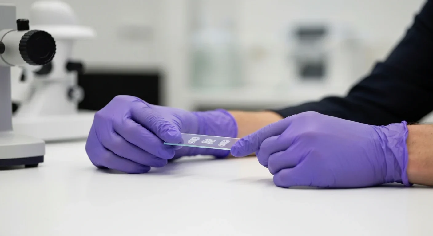 Gloved hands carefully handling a microscope slide with cell samples in a research laboratory