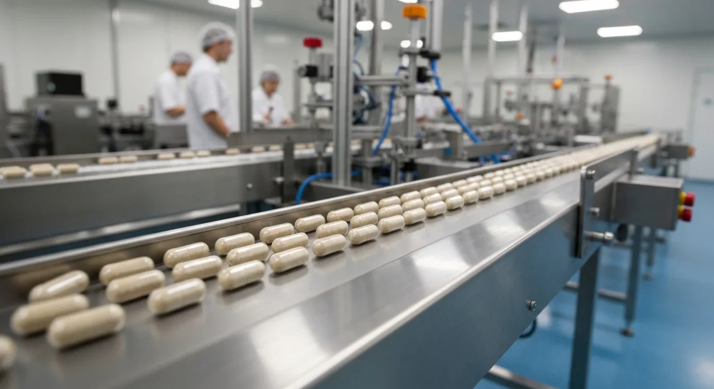 Pharmaceutical capsules on a production line in a modern drug manufacturing facility