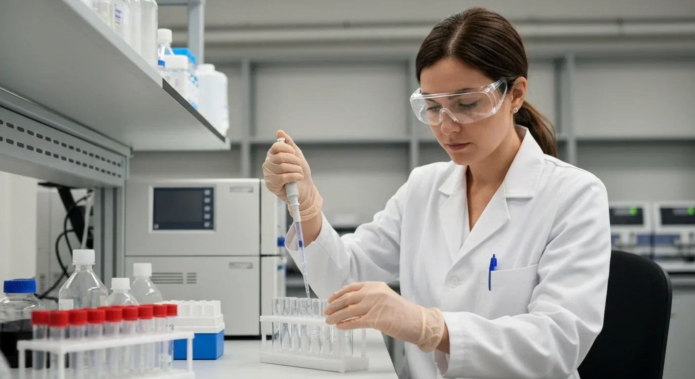 Scientist pipetting samples at a genetics laboratory bench with sequencing equipment in the background