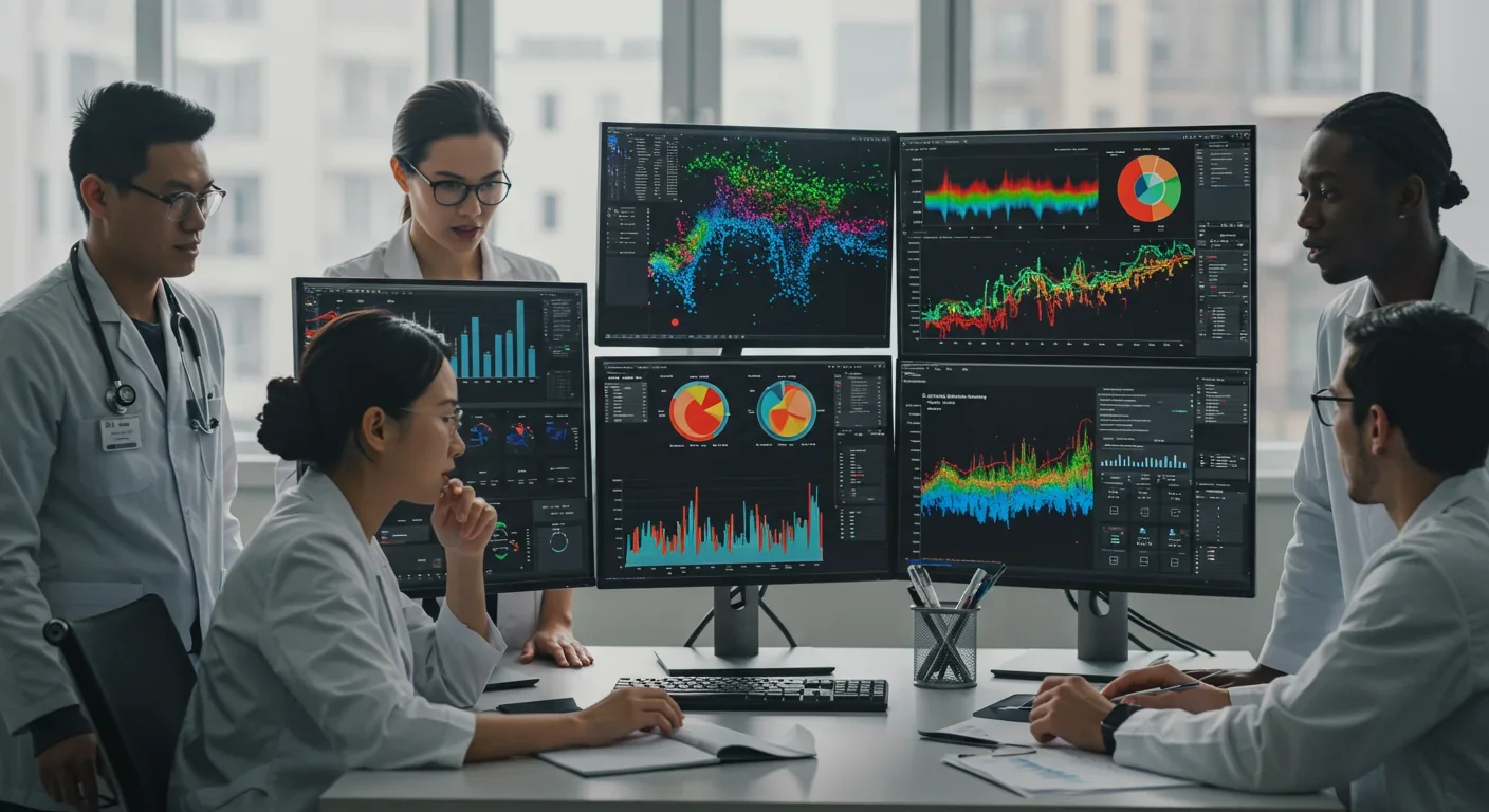 Medical team analyzing proteomic data and disease risk predictions on computer screens