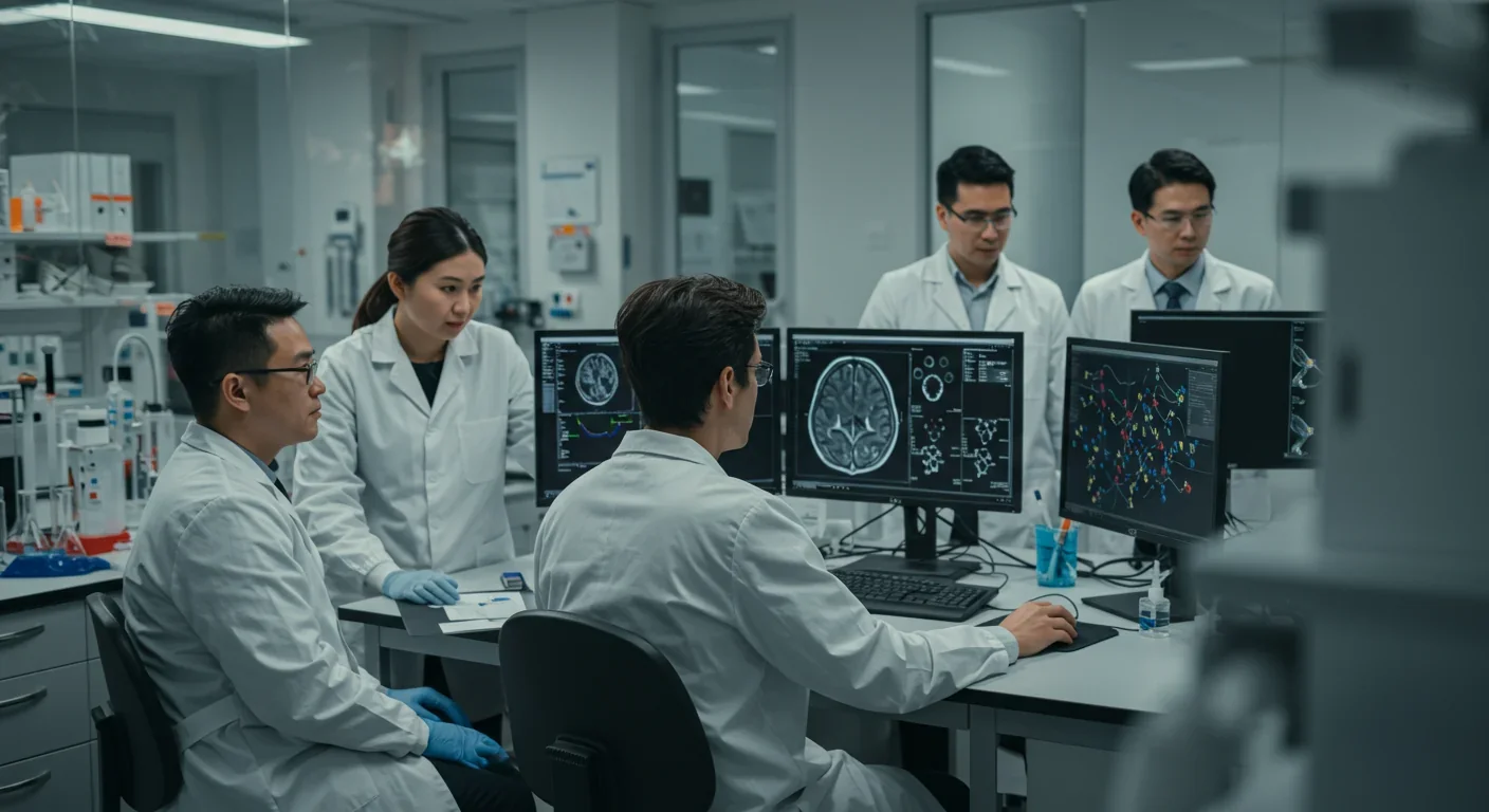 Research scientists analyzing brain imaging data from psilocybin clinical trials in neuroscience laboratory