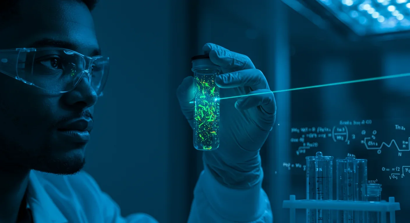 Scientist examining fluorescent protein under blue laser illumination in quantum biology laboratory with physics equations on monitor