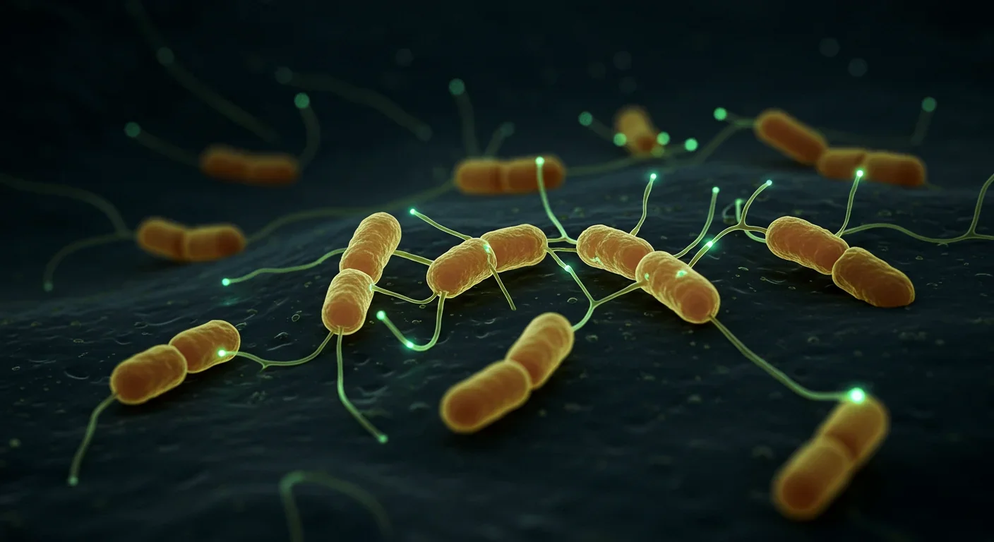 Fluorescence microscopy image of bacteria with glowing protein nanowires conducting electrons via quantum coherence at room temperature