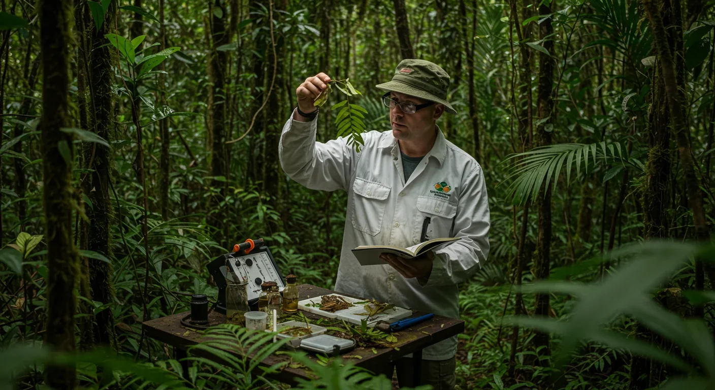 Scientist analyzing rainforest plant compounds in laboratory setting for pharmaceutical drug development