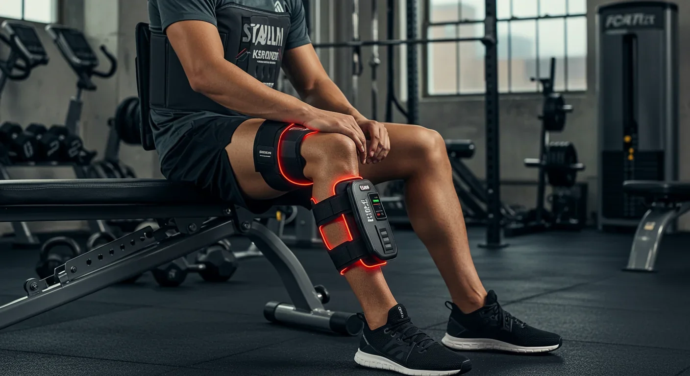 Professional athlete using portable red light therapy device on knee for post-workout recovery