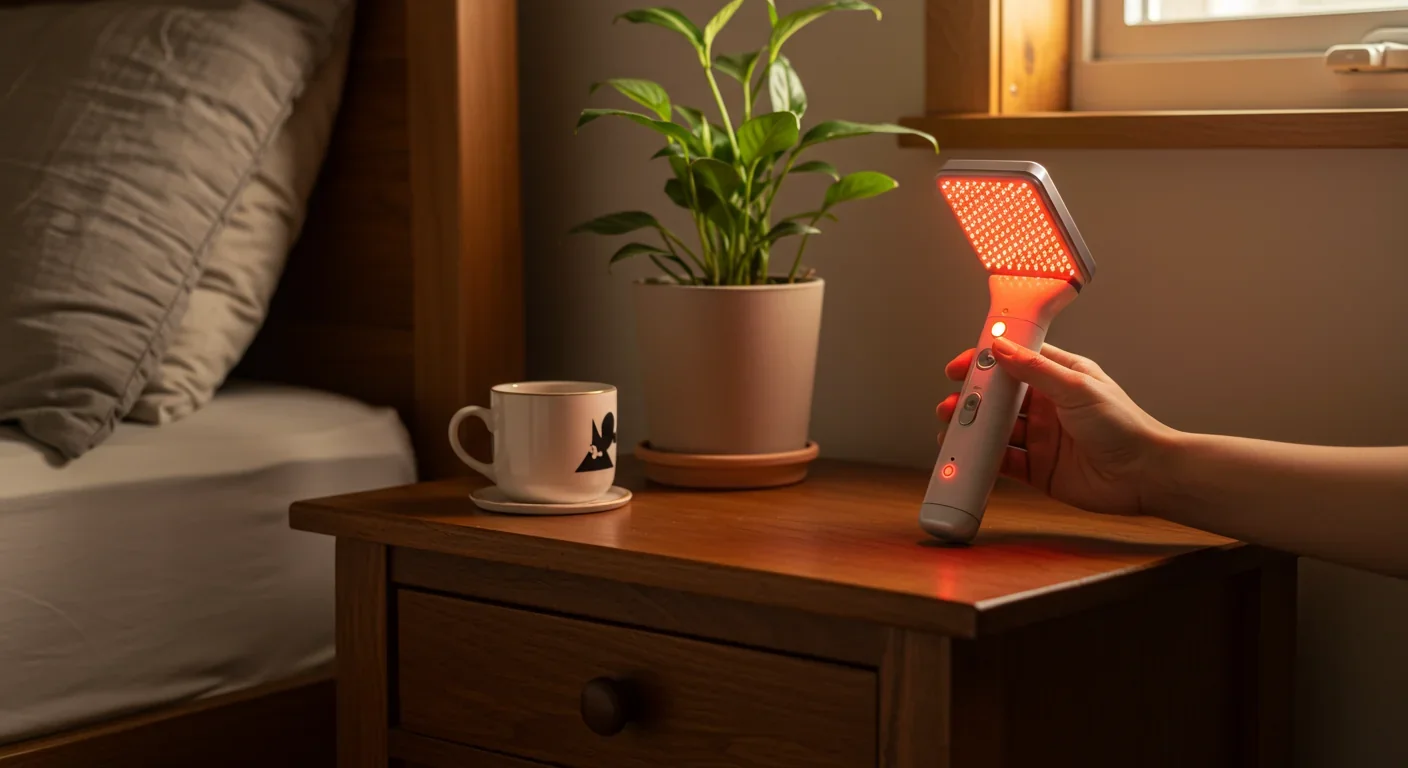 Handheld red light therapy device on bedside table in morning sunlight for home wellness routine