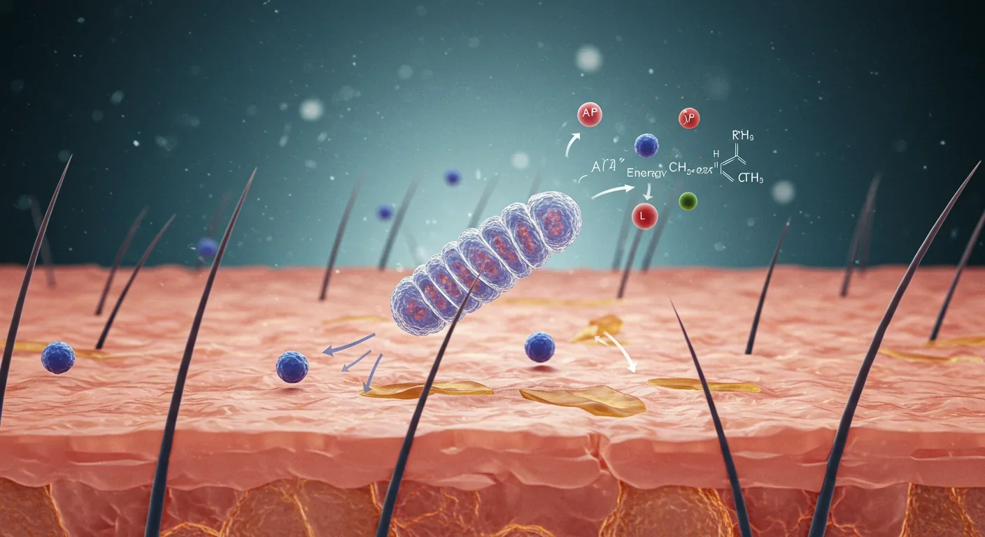 Microscopic view of skin cells showing mitochondria producing ATP during photobiomodulation therapy