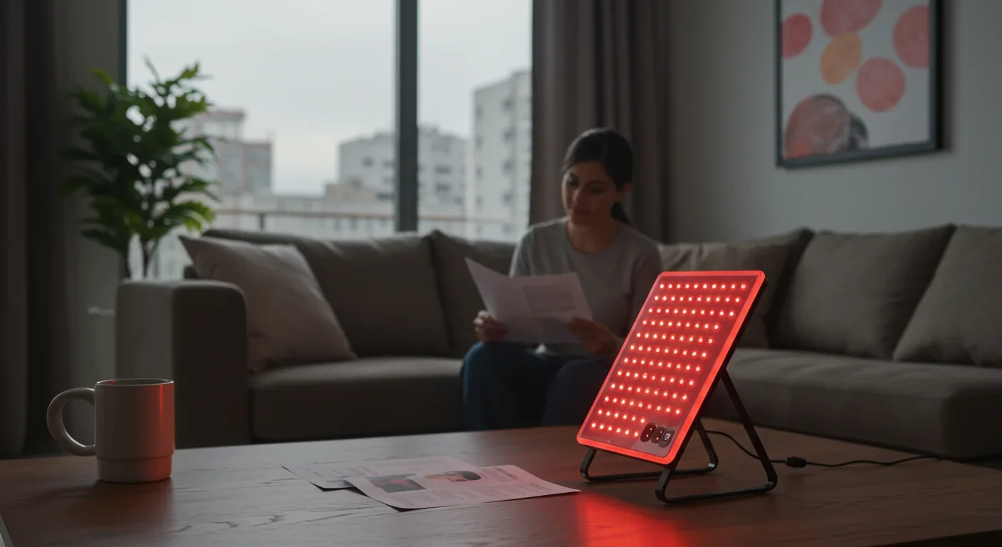 Consumer using home red light therapy LED panel device for daily wellness treatment in living room