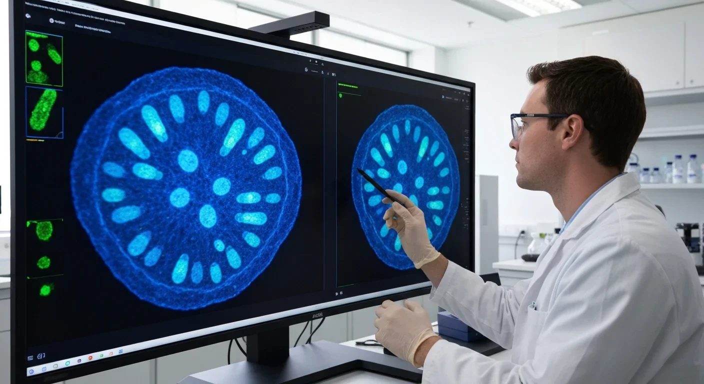 Scientist analyzing fluorescent microscope images of cellular ribosomes and protein synthesis machinery in modern research lab