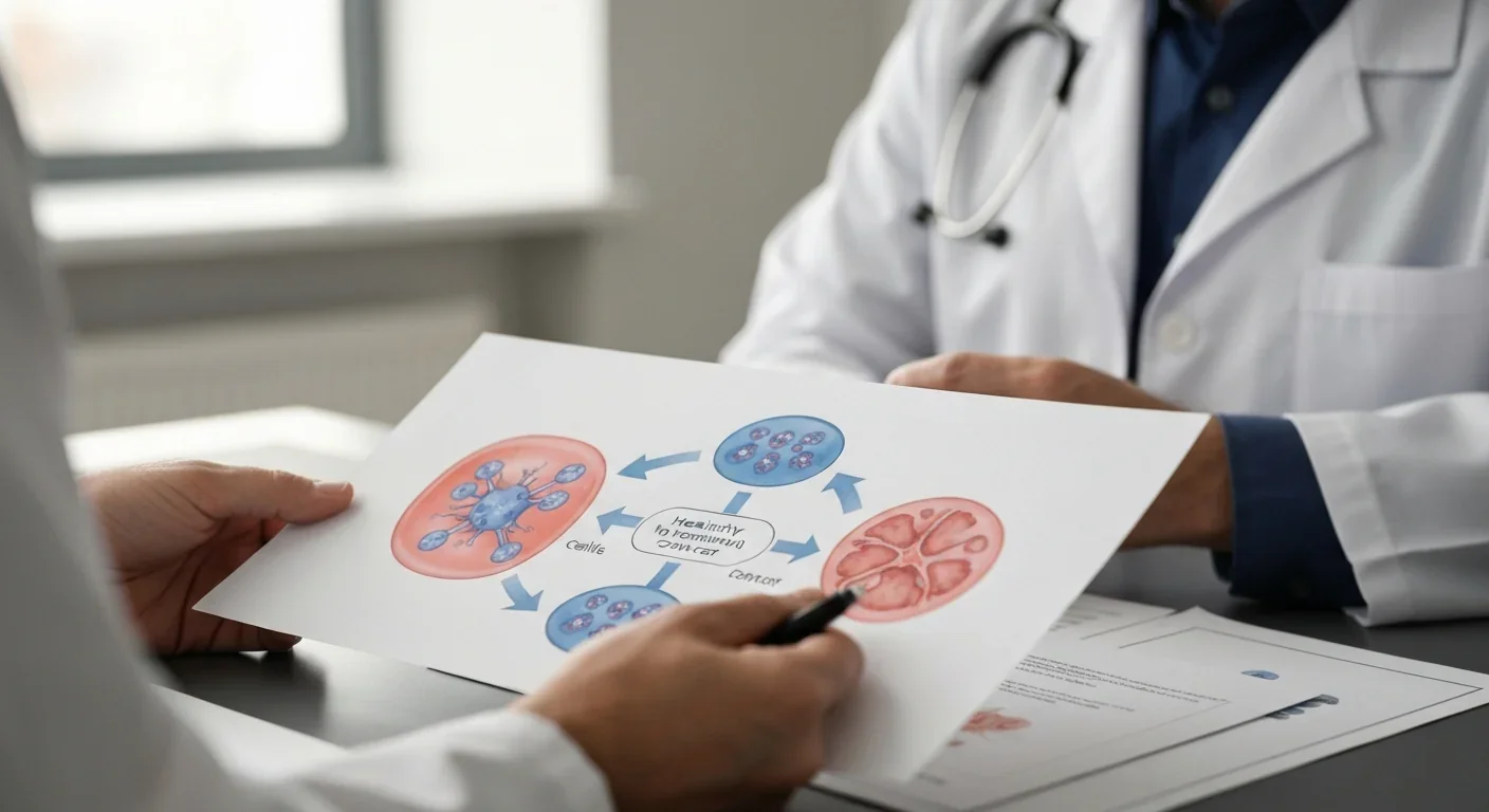 Medical diagram illustrating the cellular pathways from ribosomal stress to either cell death or cancer transformation