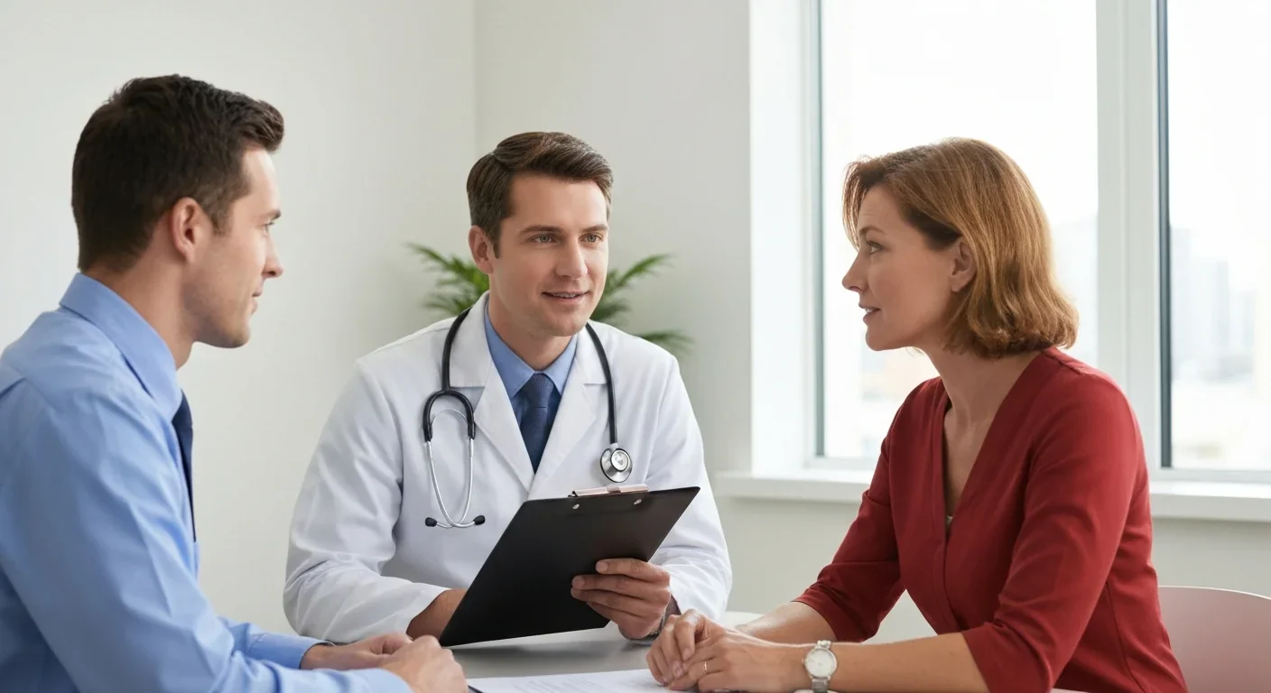 Healthcare professional consulting with adult patient in medical office setting