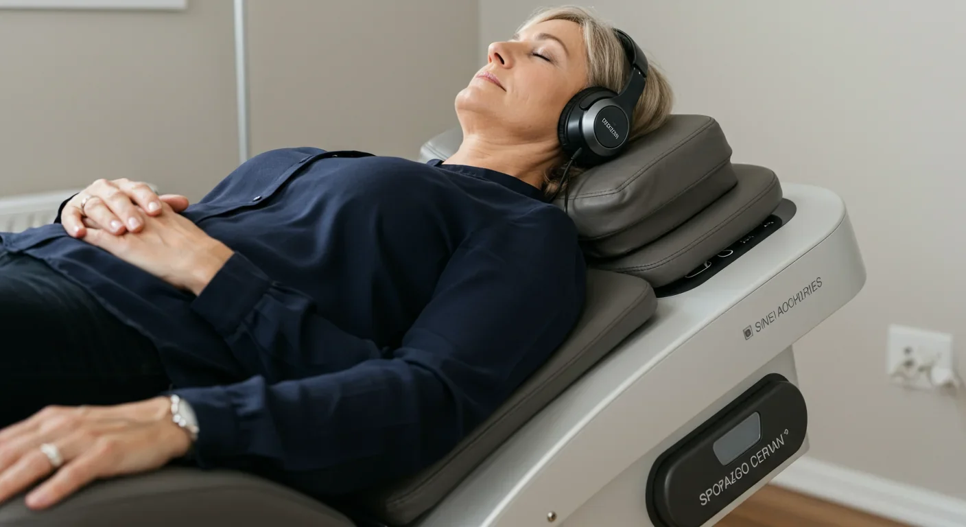 Patient experiencing vibroacoustic therapy on specialized sound chair with embedded speakers for chronic pain and stress management treatment