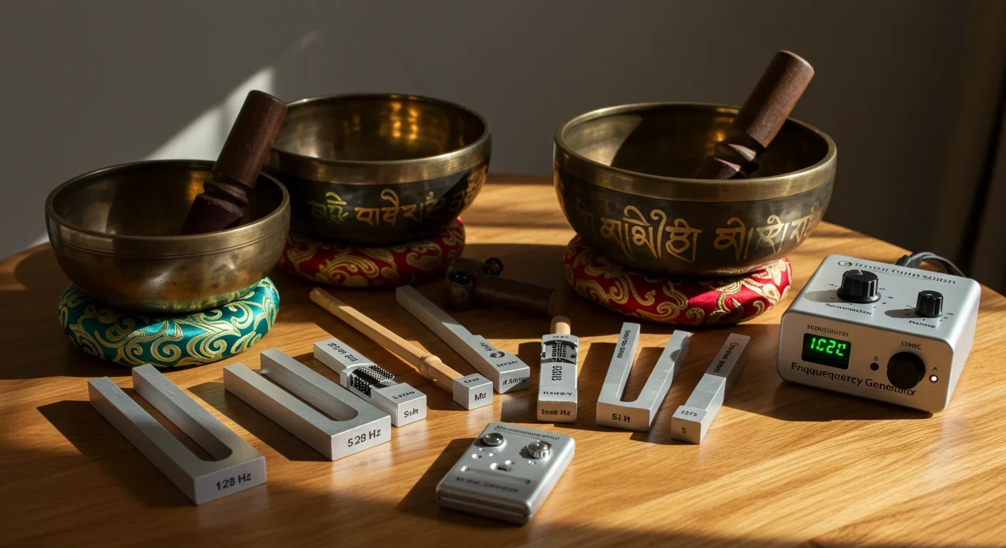 Array of sound therapy instruments including calibrated tuning forks, Tibetan singing bowls, and digital frequency generators used in clinical practice