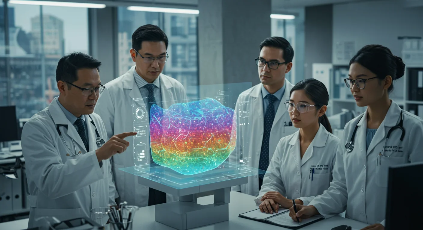 Research team analyzing 3D spatial map of tumor showing cellular neighborhoods and immune zones