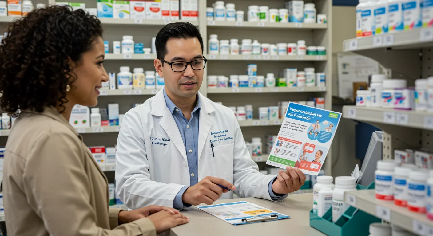 Hospital pharmacist and physician reviewing antibiotic stewardship protocols on digital tablet at pharmacy counter