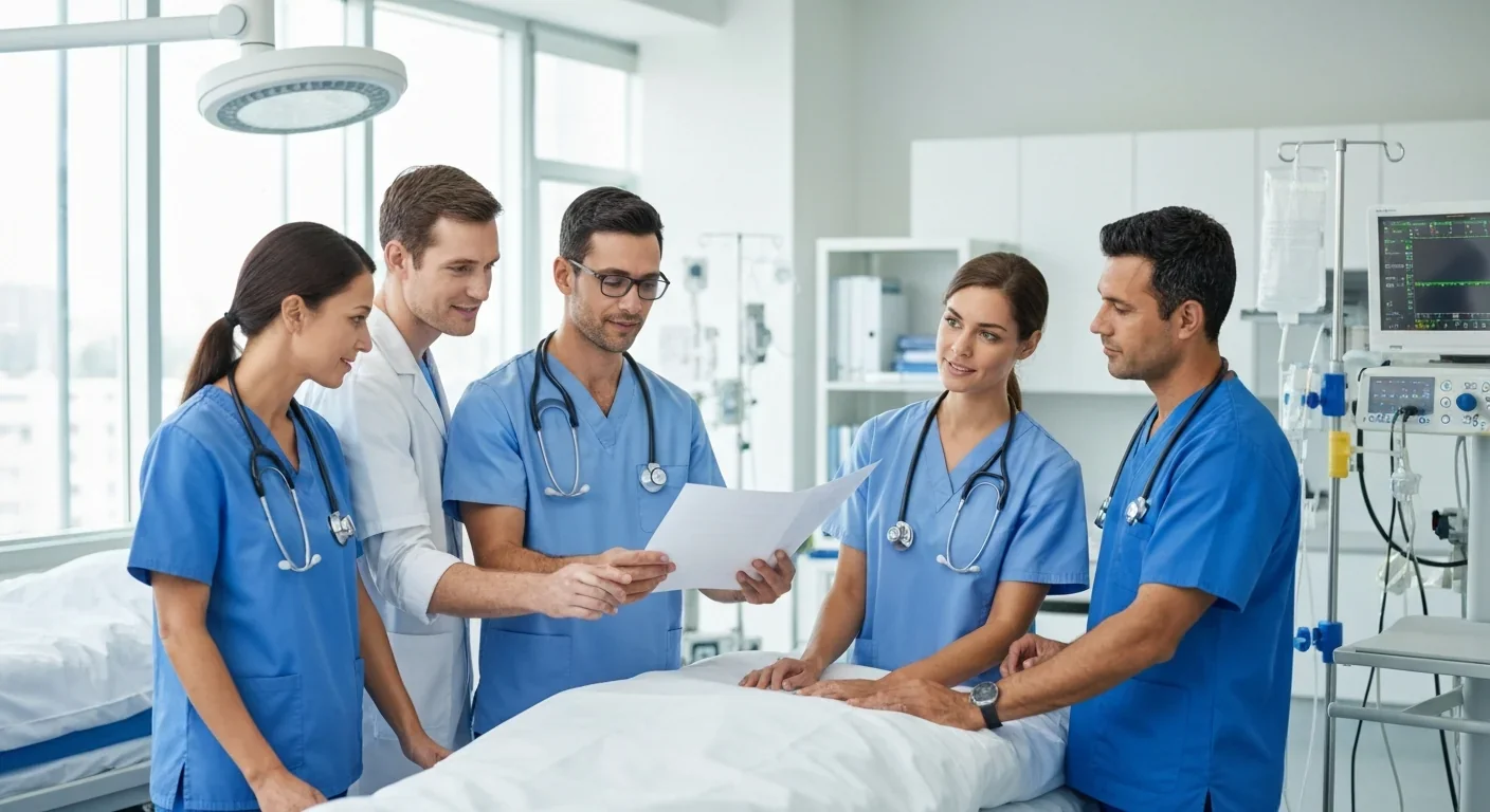 Medical team collaborating on therapeutic hypothermia protocol and patient care in intensive care unit