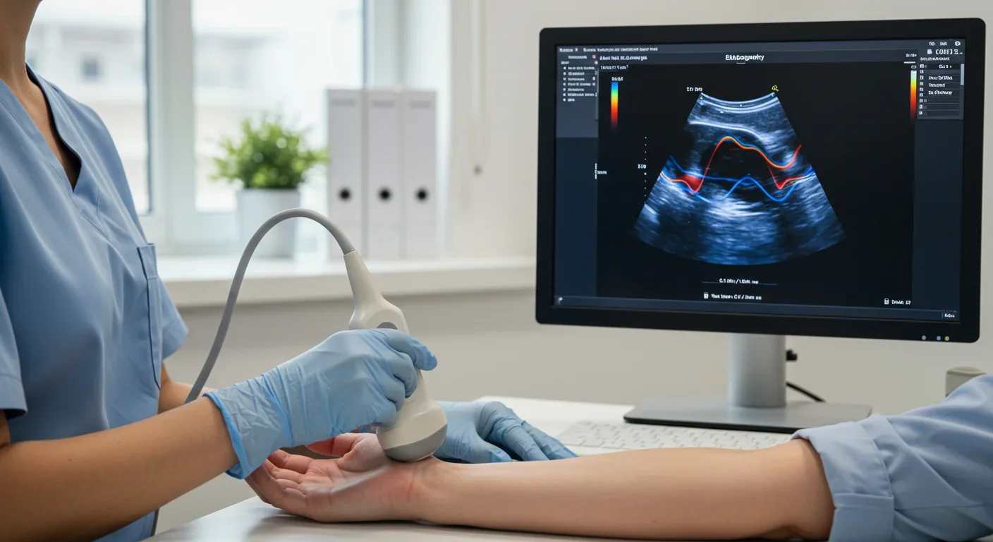 Doctor performing elastography ultrasound scan showing color-mapped tissue stiffness on monitor