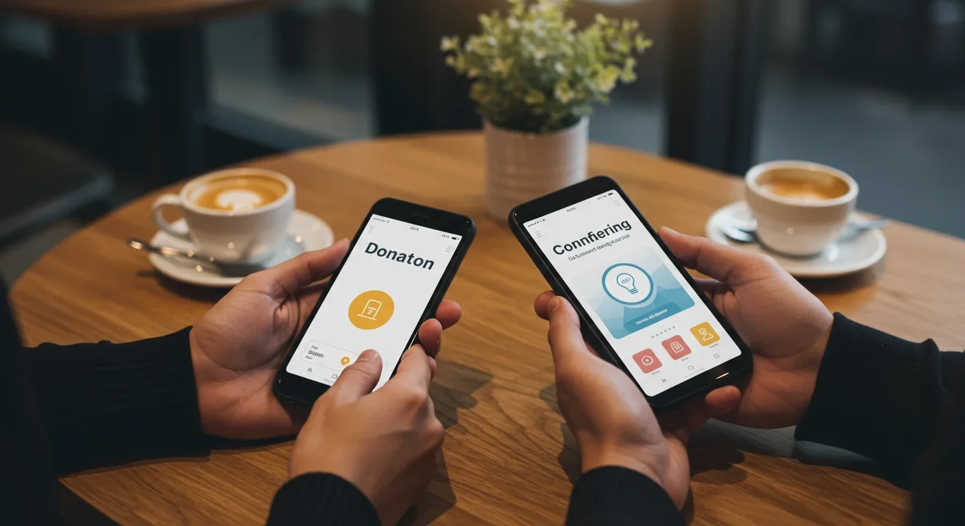 People using smartphones to view crowdfunding and donation platforms at cafe table