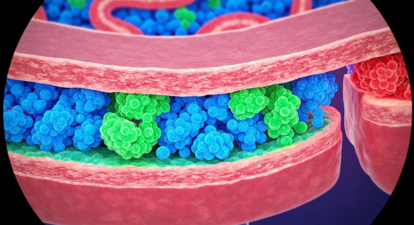Medical visualization of gut bacteria and intestinal tissue showing microbiome ecosystem