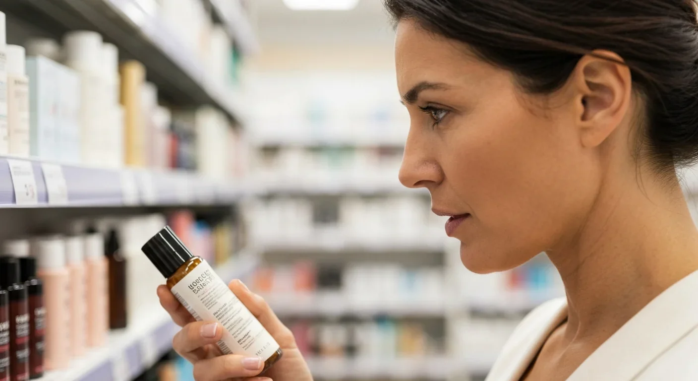 Woman carefully reading product ingredient label in store