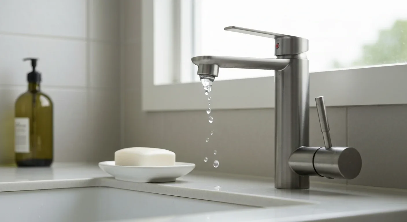 Plain bar soap on ceramic dish beside modern bathroom faucet