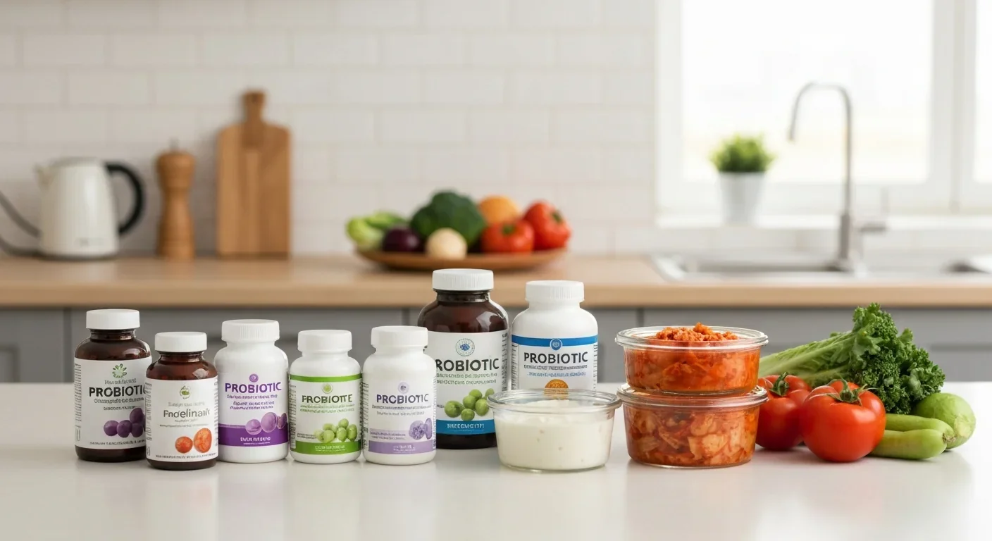 Probiotic foods and supplements arranged on kitchen counter for gut health