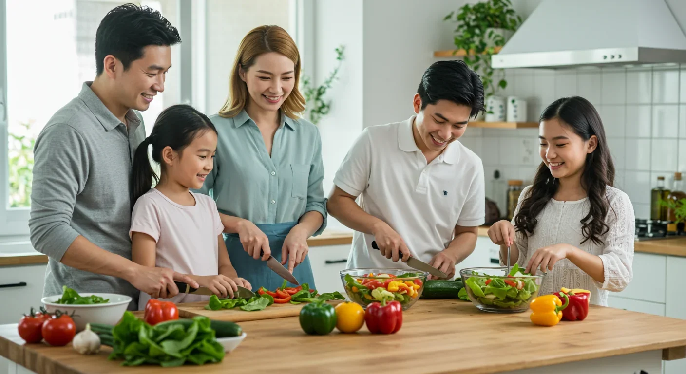 Healthy home-cooked meal with fresh vegetables and fish on wooden table